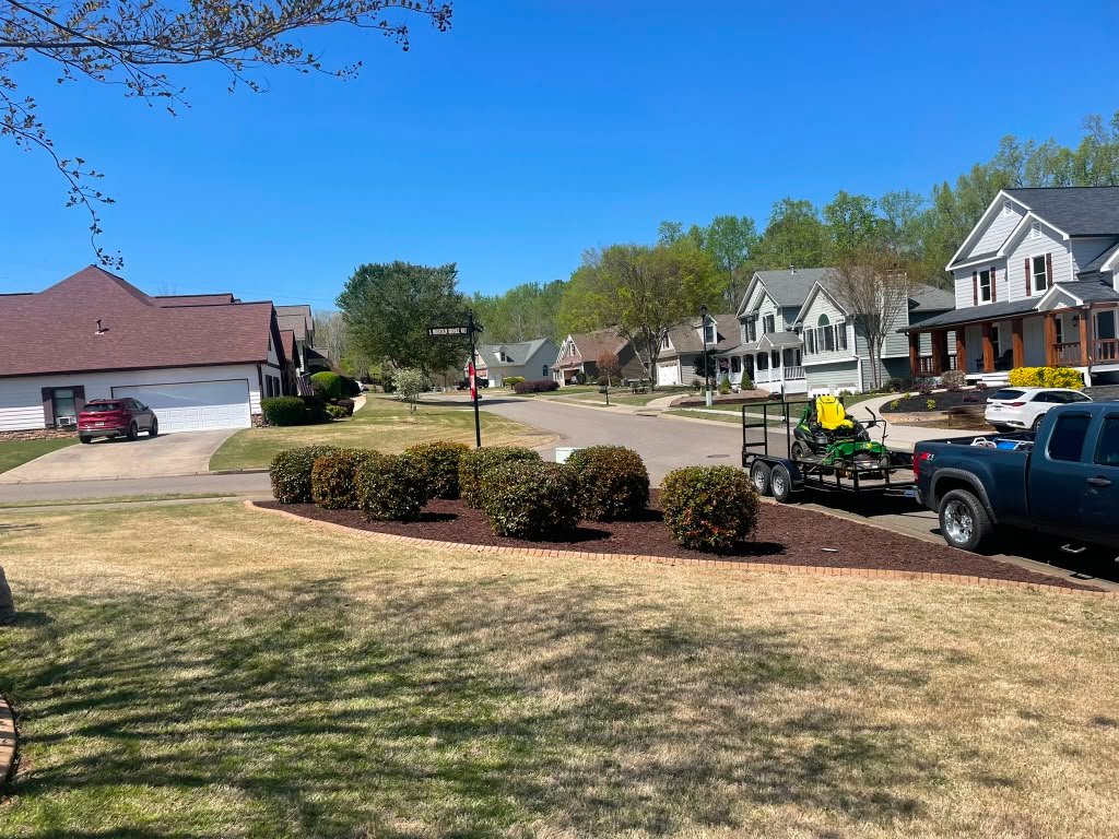 Wide row of trimmed shrubs around a landscape bed